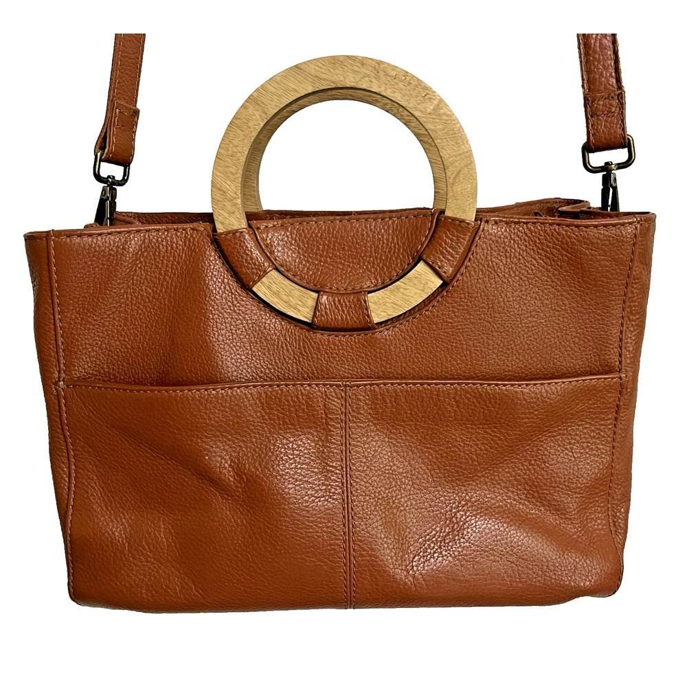 Rachel Brown Leather Tote with Wood Ring Handles